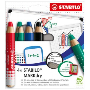 Táblaceruza 4klt STABILO MARKdry  10mm kerek hegyezővel +törlőkendővel 6484-5