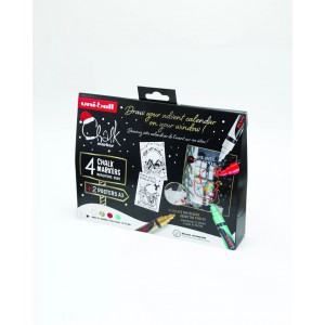 Folyékony krétamarker 4klt készlet UNI PWE-5M karácsonyi készlet sablonnal fehér,arany,metál zöld, piros